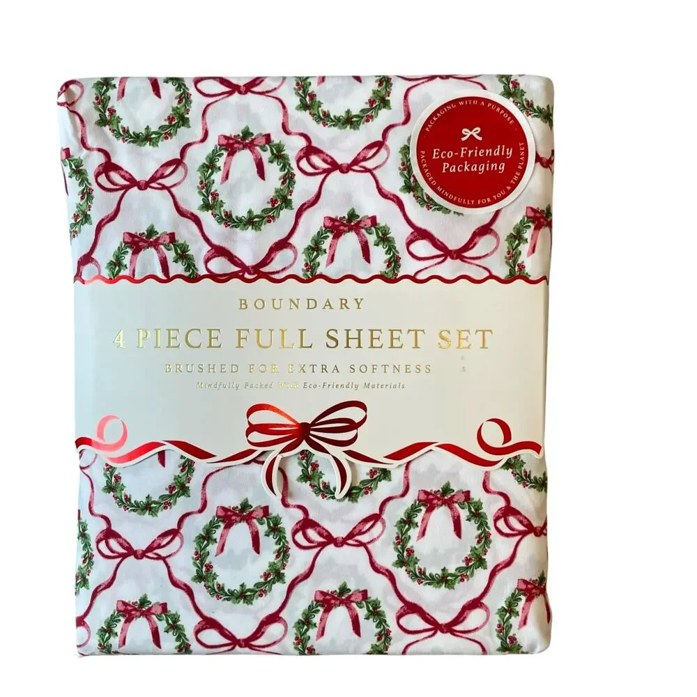 Envogue FULL 4pc Sheet Set Holiday Bows & Wreath Holiday Bedding Green Red NEW